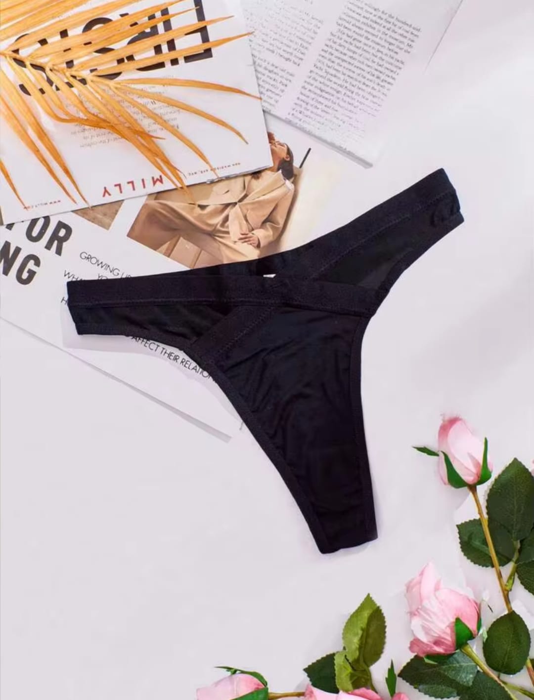 Women's Black Cross-Front Sheer Mesh Panel V-Waist Thong Panties